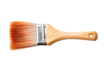 A close-up view of a paintbrush with wooden handle and soft bristles, laying diagonally on a white background