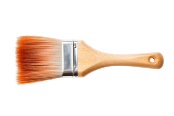 A close-up view of a paintbrush with wooden handle and soft bristles, laying diagonally on a white background