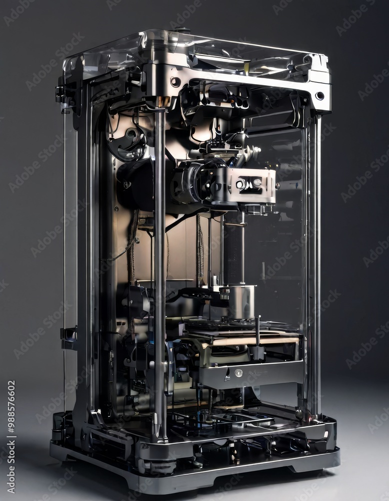 Poster a detailed view of a transparent industrial machine with exposed mechanical components. the complex 