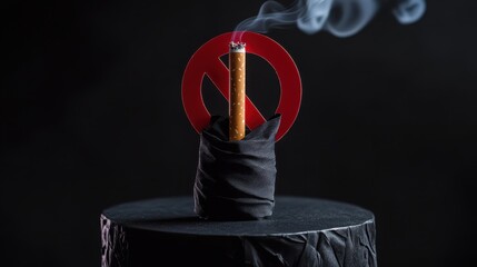 A no smoking sign juxtaposed with a cigarette wrapped in black fabric on a black table, representing the message of World No Tobacco Day and the fight against cigarette consumption