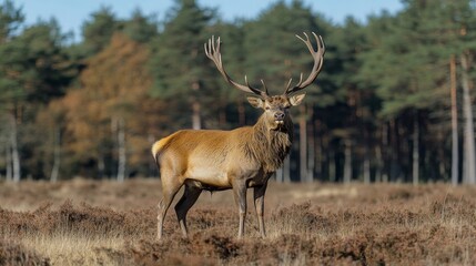 Fototapeta premium Majestic Red Deer Stag with Large Antlers Standing Proudly in an Autumn Heath Landscape
