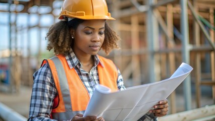 Blueprint Review - A black female construction worker analyzing blueprints at a construction site.

