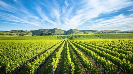 A rolling green vineyard stretching out under a bright blue sky, with rows of grapevines leading towards distant hills.