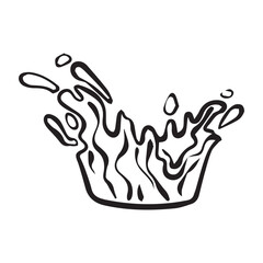 Outline drawing water splash crown flow with bubbles and drops isolated on white background. For food drink packaging design. Vector illustration.