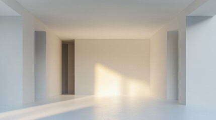 Fototapeta premium 3D rendering of space architecture, warm sunlight filtering into the interior, soft shadows, no reflections, wide angle view, white background.