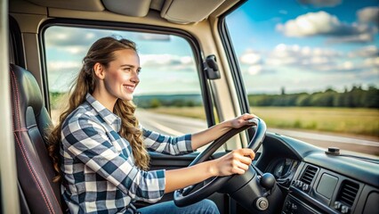 Naklejka premium A young woman confidently driving a truck on a highway.