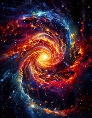 A stunning spiral galaxy glowing with fiery red, yellow, and blue hues, swirling in deep space. The dynamic motion of cosmic gases and stars creates a dramatic visual of a galaxy in motion.. AI