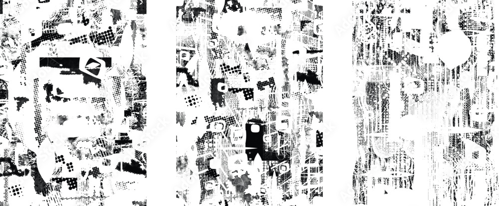 Poster Set of glitch distorted grunge overlay textures. Collection of overlaying textures with halftone dots, scratches and lines .Screen print vector layers pack. Overlays with grunge textured surface