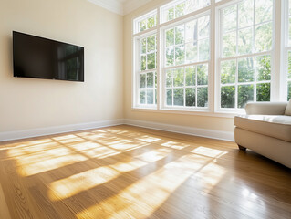 Obraz premium Interior of a living room with television, couch and armchair at window and garden