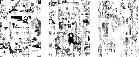 Set of glitch distorted grunge overlay textures. Collection of overlaying textures with halftone dots, scratches and lines .Screen print vector layers pack. Overlays with grunge textured surface