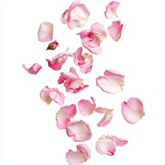 Pink rose petals in mid-air, gently falling and scattered, isolated on a clean white background.