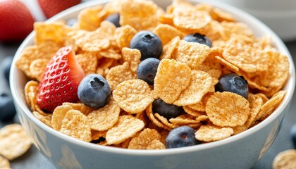 Healthy Breakfast Bowl Crunchy Cornflakes with Fresh Blueberries and Sliced Strawberries