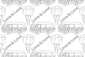 Fototapeta premium A fun LGBTQ-themed Love is Love coloring page with vans and balloons. Perfect for celebrating diversity and equality.