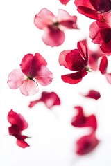 Elegant red roses and petals gracefully falling in mid-air, scattered against a clean white background.