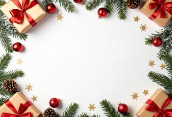 christmas gifts on a white background with fir branches
