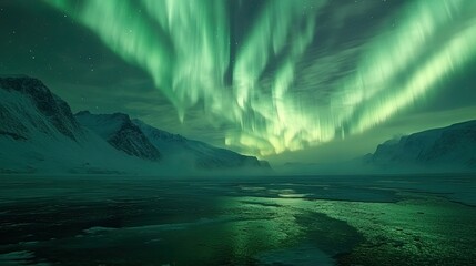 Naklejka premium Northern Lights swirling above an ice-covered lake, with mountain silhouettes in the distance, creating a serene and otherworldly scene.