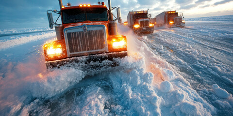 A convoy of trucks moving cautiously across a frozen lake, thick snow and ice everywhere, extreme winter conditions