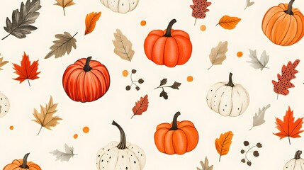 Watercolor Fall Pattern with Pumpkins and Leaves. 