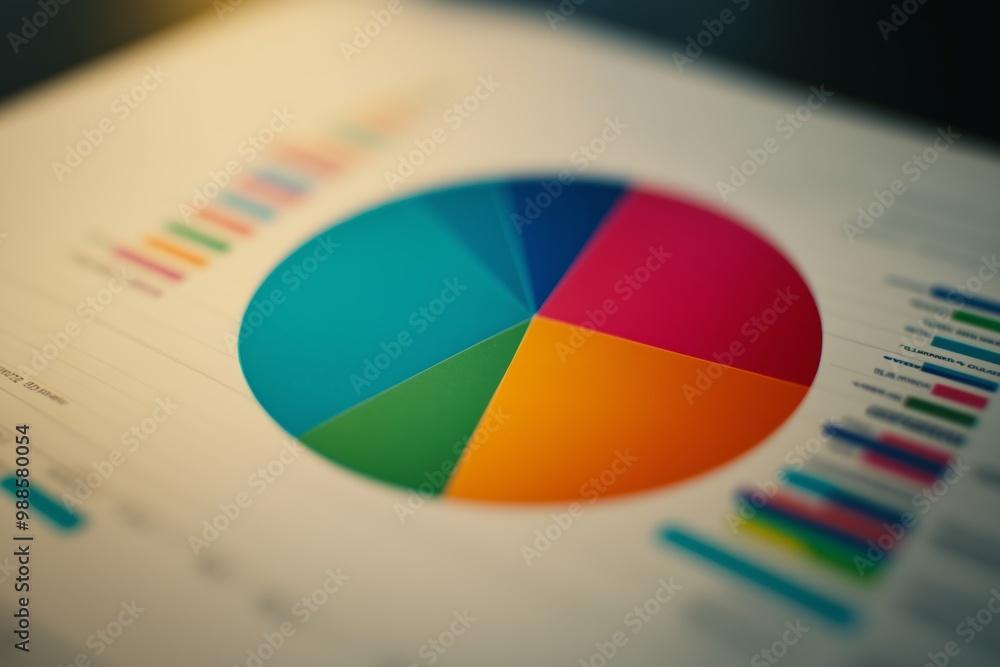 Poster colorful pie chart on a financial report with data visualizations displayed in a business setting in