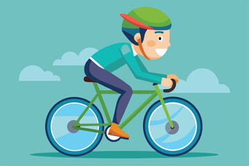 Fototapeta premium A cartoon character happily rides a green bicycle beneath a bright blue sky with fluffy clouds, a cartoon character man riding bicycle