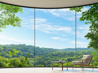 Fototapeta premium interior of cozy modern living room with massive skylight jungle from ceiling while furnished with modern furniture and glass walls displaying admirable outside scenery 