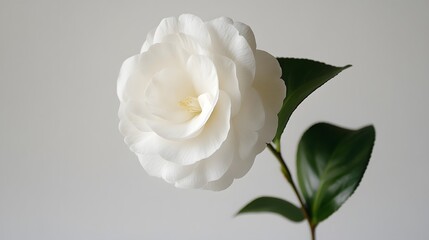A Single White Camellia Flower with Green Leaves