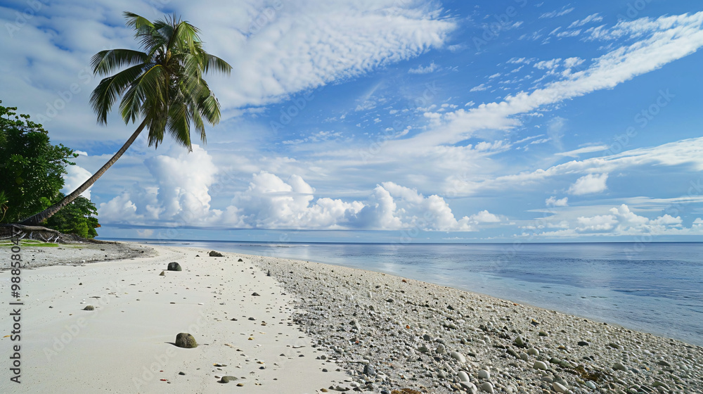 Poster tranquil beach with soft white sand on the left and pebbles on the right and a single palm tree lean