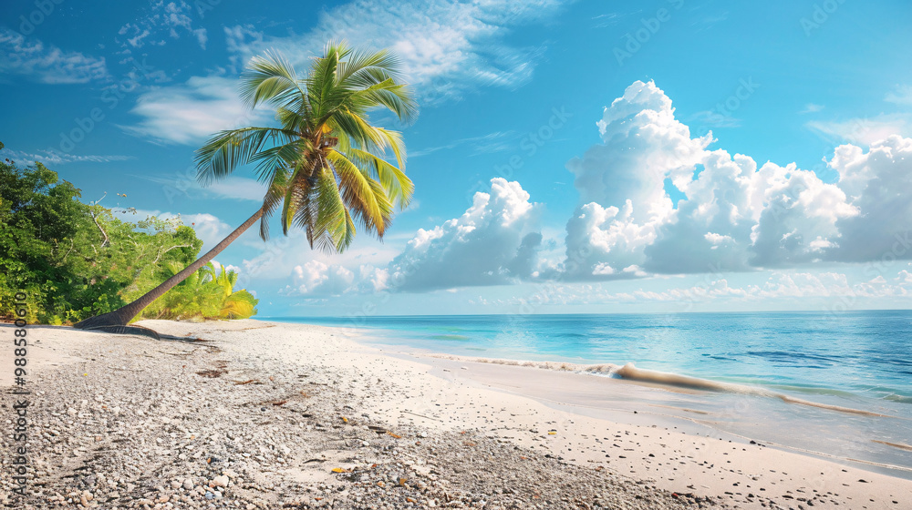Poster tranquil beach with soft white sand on the left and pebbles on the right and a single palm tree lean