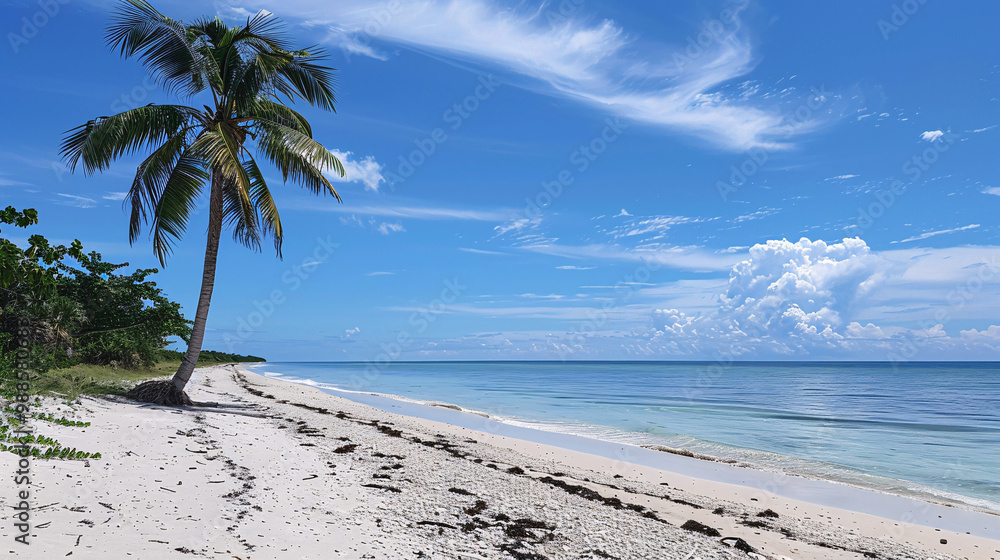Poster tranquil beach with soft white sand on the left and pebbles on the right and a single palm tree lean