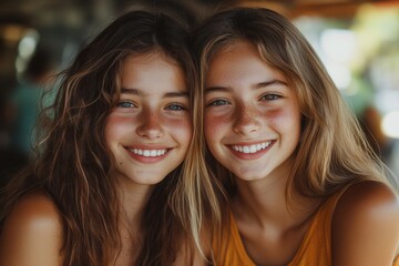 Two cheerful young girls friends, Generative AI
