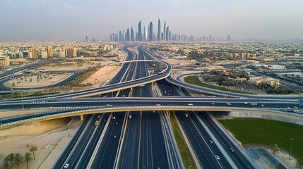 Aerial view of Riyadh's highways and modern infrastructure, with the skyline in the distance