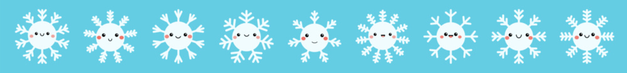 White snowflake icon set line. Face emotions. Cute cartoon kawaii funny baby character. Different shape, sign. Snowflakes collection. Childish style. Flat design. Isolated. Blue background. Vector