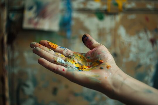 Artist is showing their paint covered hand after working on a project in the art studio