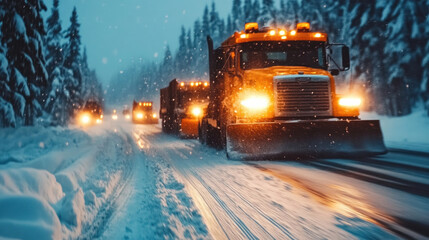 A fleet of snowplow trucks working together to clear a major highway after a heavy snowfall, icy roads