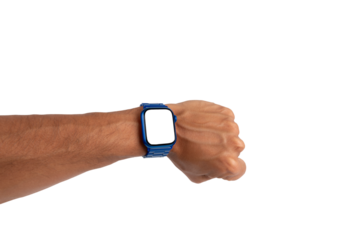 Male hand wearing a blue metal smartwatch isolated no background blanc screen mockup