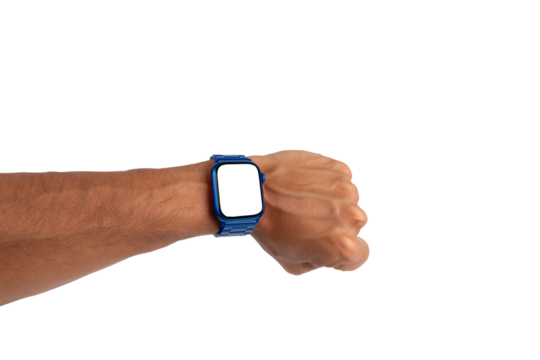 Male hand wearing a blue metal smartwatch isolated no background blanc screen mockup