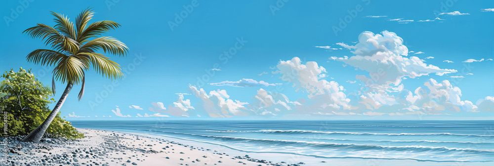 Poster tranquil beach with soft white sand on the left and pebbles on the right and a single palm tree lean