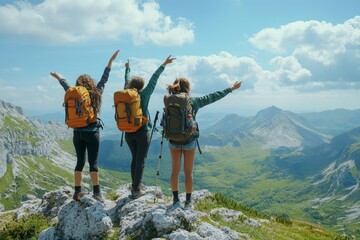 Millennial friends on a hiking trip celebrate reaching the summit and admire the view, back view, Generative AI