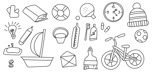 Doodle sketch set. Boot, book, lifebuoy, ping pong, clock, hat, light bulb, and much more. Vector illustration bundle. Black and white outline drawing