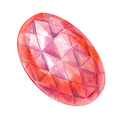 Crystal red oval gem hand painted in watercolor. Precious faceted shine stone in the shape of elongated. Illustration can be used as a decoration of jewelry, pendants, rings, braceletsand, earrings