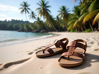 Leather Strap Sandals on Tropical Beach - Generative AI