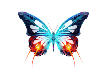 A modern, abstract digital butterfly composed of geometric shapes and neon colors, Isolated on white background
