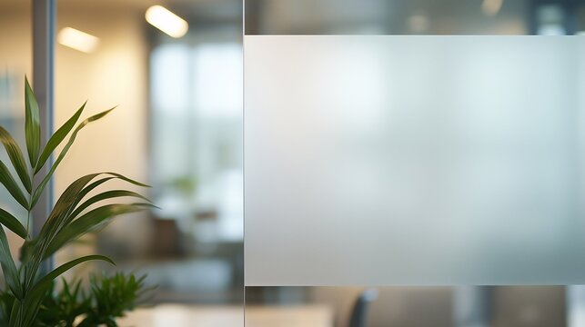 Frosted glass panel with copy space in a modern office with green plants and a blurred background