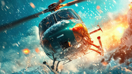 A helicopter landing on a snow-covered mountain, snow swirling from the rotor blades, harsh winter conditions