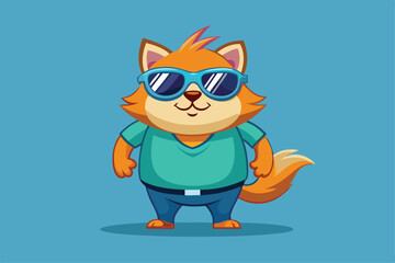 Fototapeta premium A cheerful cartoon cat in sunglasses poses confidently with a playful expression, a cartoon character of a a cartoon cat wearing sunglasses