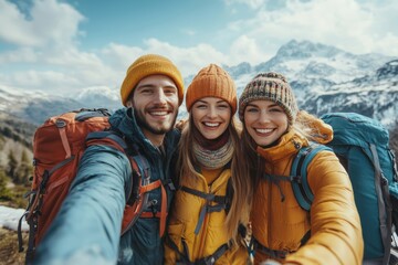 Happy tourists friends making selfie in mountains area, Generative AI