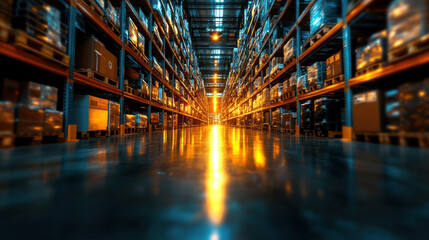 A high-tech warehouse with automated storage systems, racks full of electronics, workers overseeing inventory, advanced logistics