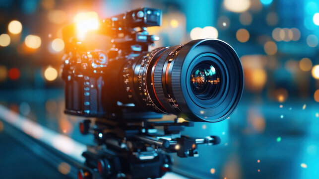 A large professional camera on a dolly track ready for an action scene shoot