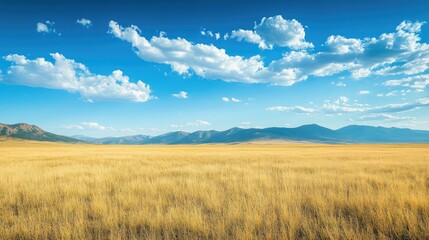 Obraz premium Savannah grasslands stretching toward a distant mountain range under a vivid blue sky with soft clouds, portraying the beauty of nature.
