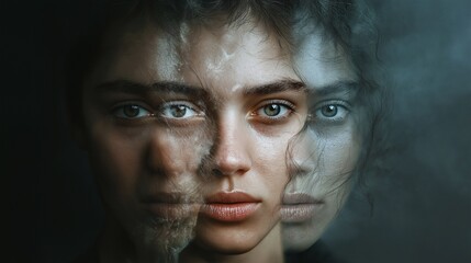 Surreal portrait of a woman with overlapping faces, symbolizing mental health struggles like bipolar disorder